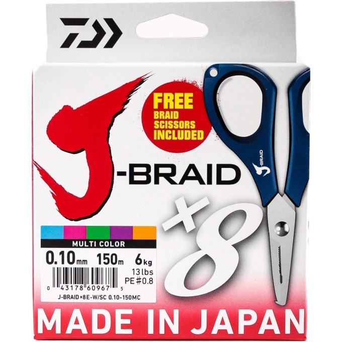 Шнур DAIWA J-Braid X8E-W/SC 0,10мм 150м multicolor + ножницы 40002984